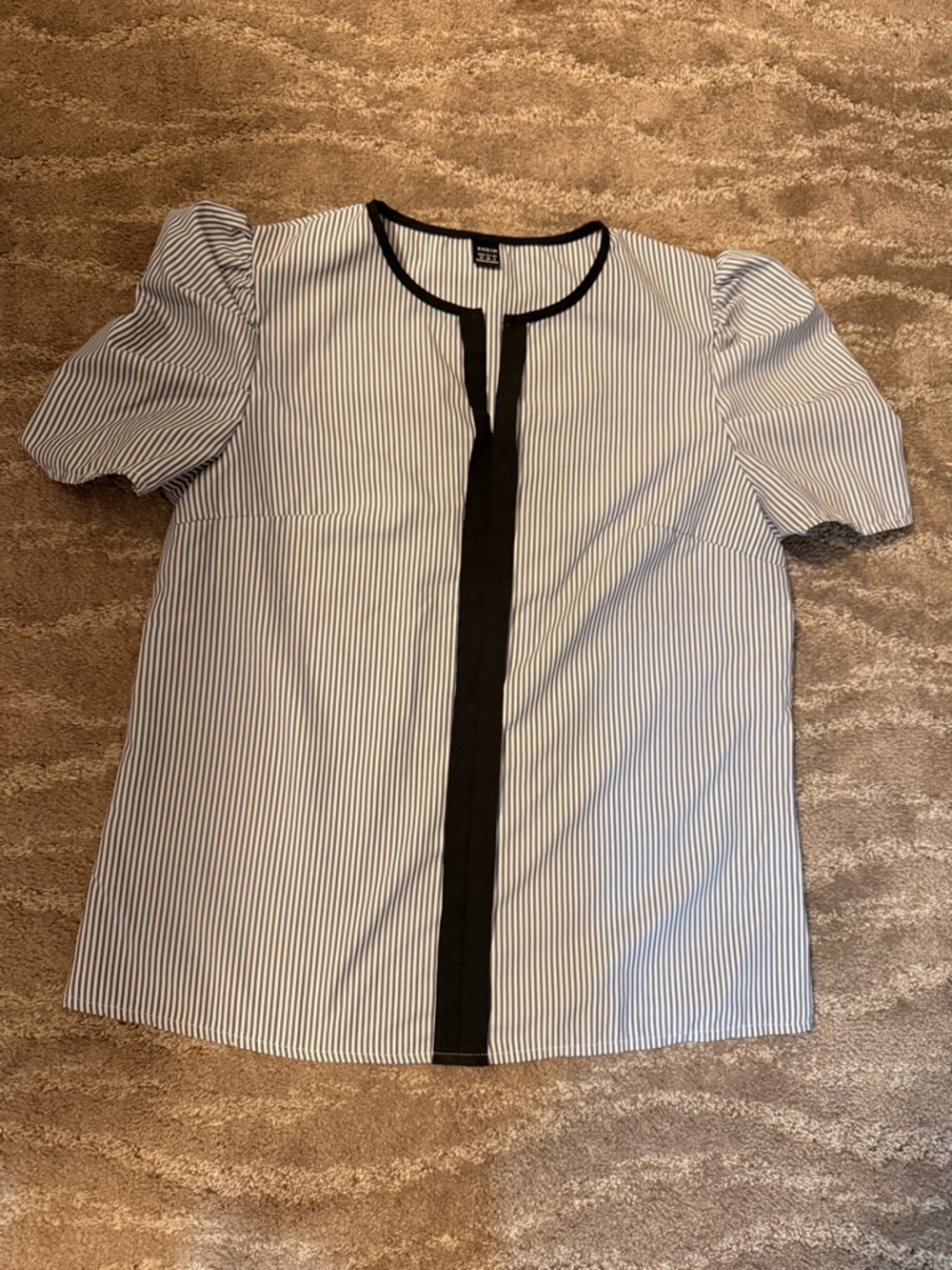 Women’s White and Blue Pinstripe Puff-Sleeve Blouse with Black Trim